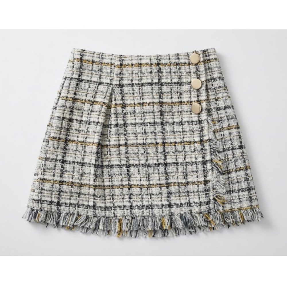Just Me Fringe Plaid Tweed Mini Skort in Cream and Gray